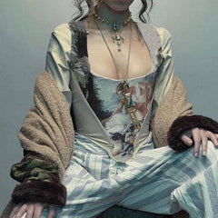 Madonna Long Sleeve Square Neck Printed Corset Top
