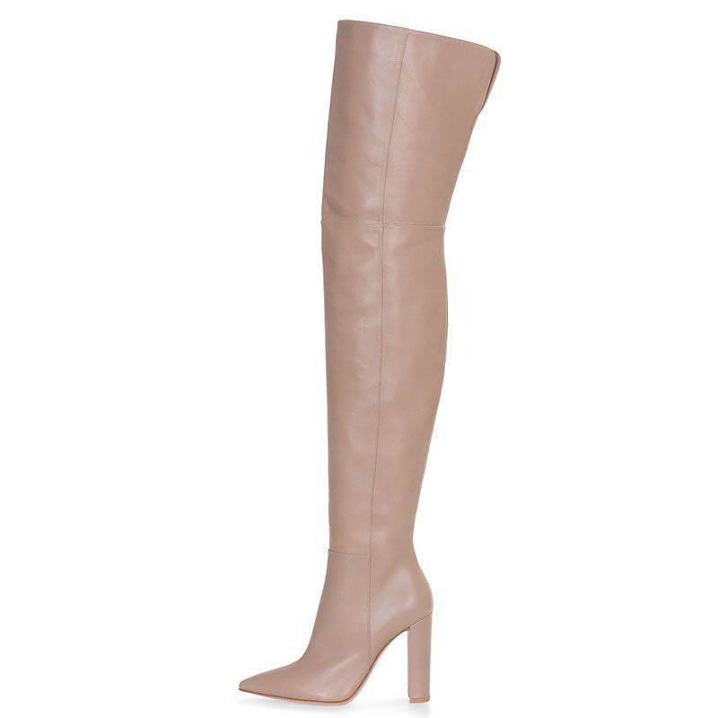 Soild Genuine Leather Pointed Toe Round Heel Over The Knee Boots with Side Zipper