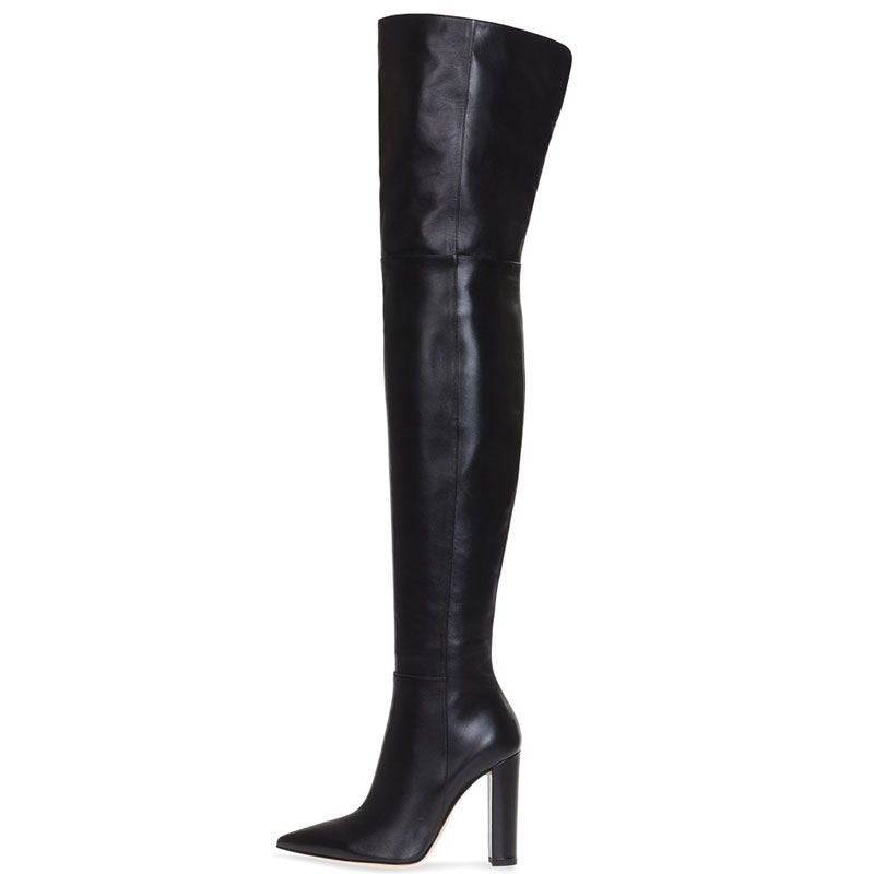 Soild Genuine Leather Pointed Toe Round Heel Over The Knee Boots with Side Zipper