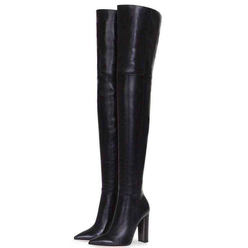 Soild Genuine Leather Pointed Toe Round Heel Over The Knee Boots with Side Zipper