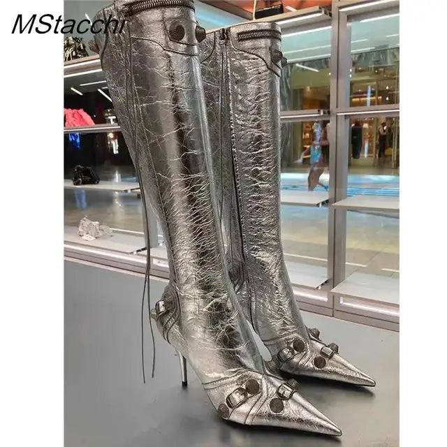 Metal Rivet High Knee Boots Pointed Toe Thin Heels