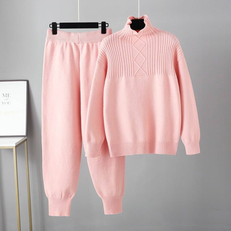 Two Piece Autumn Winter Women Knit Sweater Tracksuit Fashion Loose Pant Set Thick Warm Lady Casual Suit