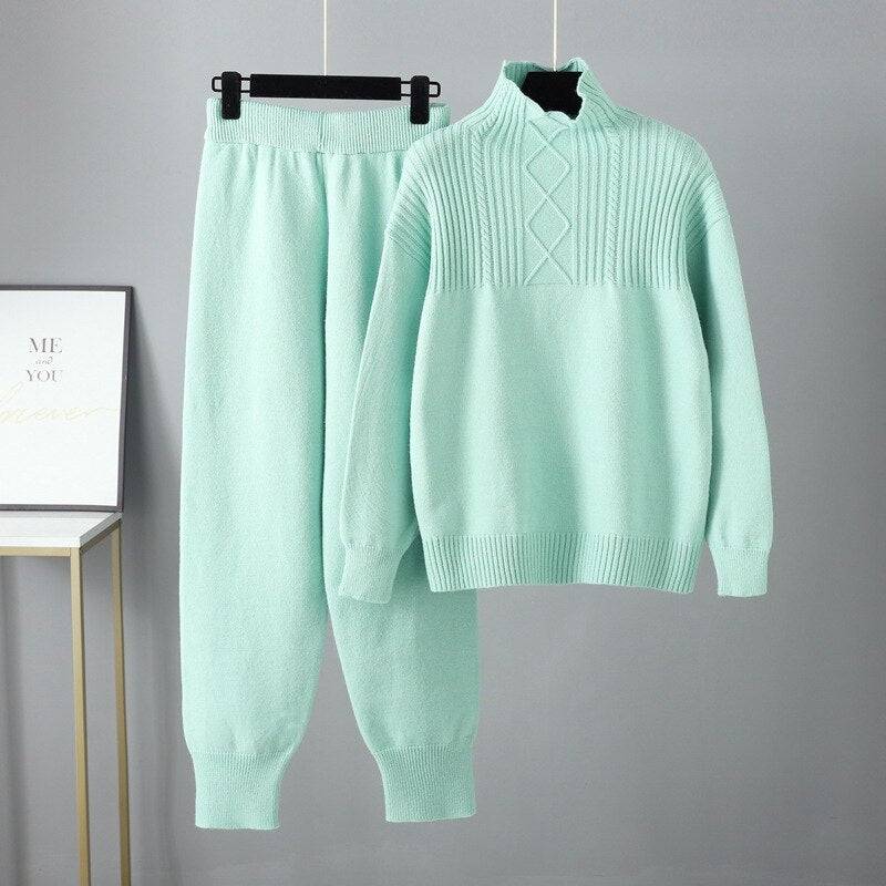 Two Piece Autumn Winter Women Knit Sweater Tracksuit Fashion Loose Pant Set Thick Warm Lady Casual Suit