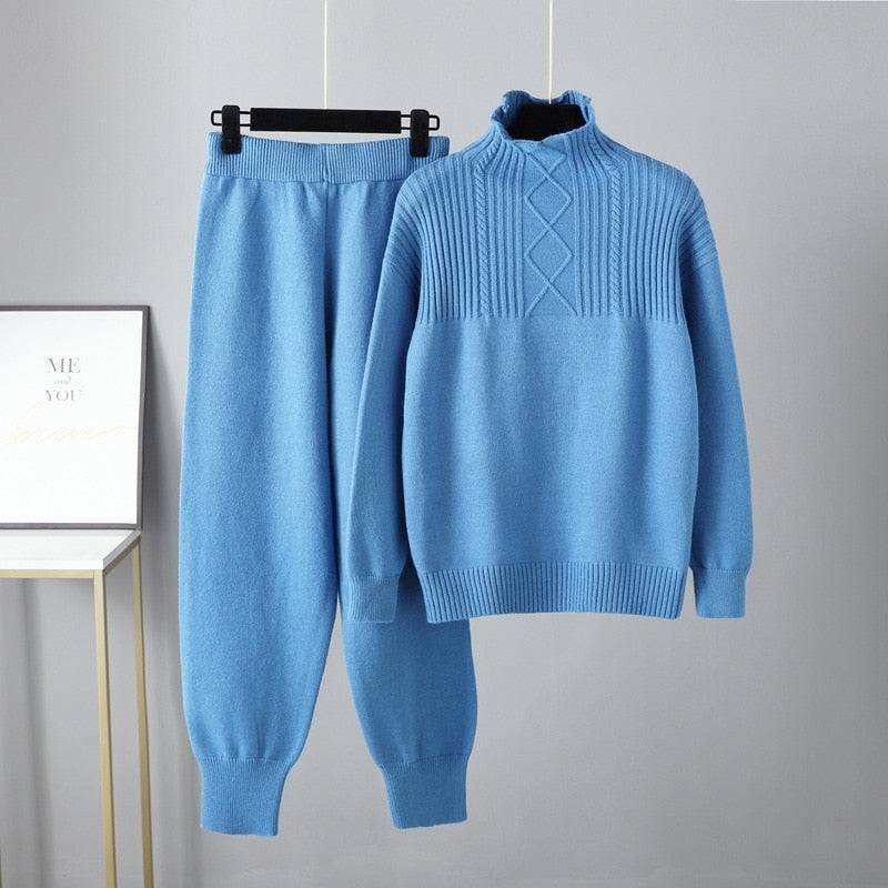 Two Piece Autumn Winter Women Knit Sweater Tracksuit Fashion Loose Pant Set Thick Warm Lady Casual Suit