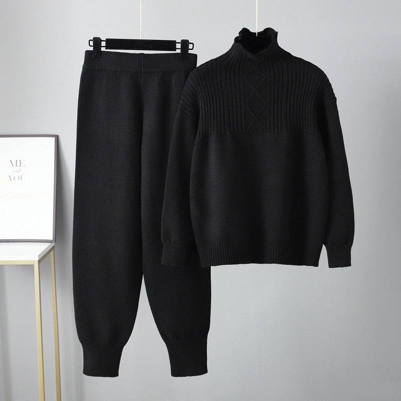 Two Piece Autumn Winter Women Knit Sweater Tracksuit Fashion Loose Pant Set Thick Warm Lady Casual Suit