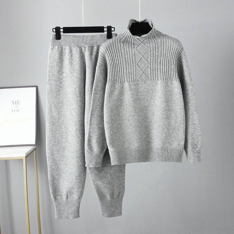 Two Piece Autumn Winter Women Knit Sweater Tracksuit Fashion Loose Pant Set Thick Warm Lady Casual Suit