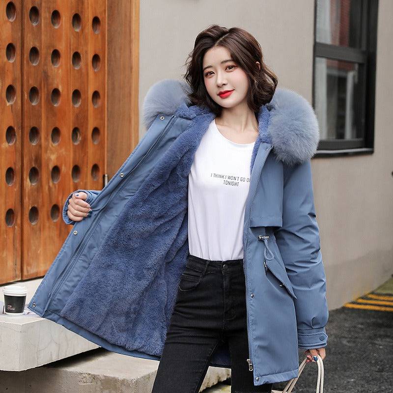 Pai overcomes the new mid to long style temperament of cotton jacket, small stature, winter plush and thick oversized cotton jacket for women