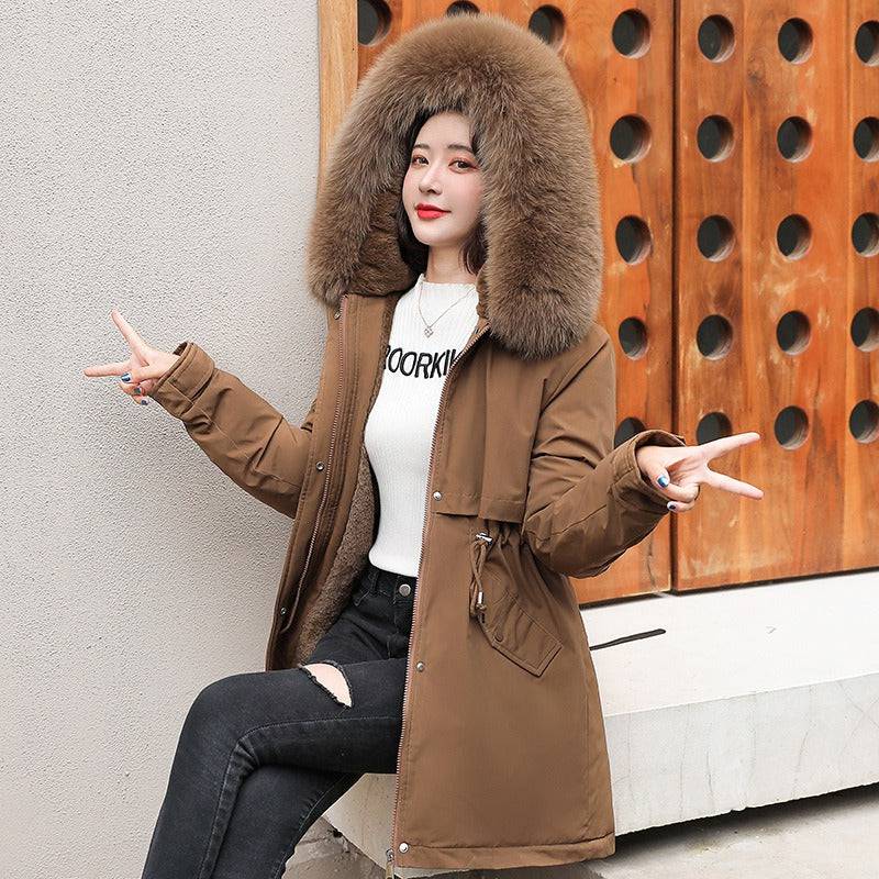 Pai overcomes the new mid to long style temperament of cotton jacket, small stature, winter plush and thick oversized cotton jacket for women