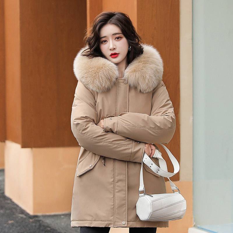 Pai overcomes the new mid to long style temperament of cotton jacket, small stature, winter plush and thick oversized cotton jacket for women