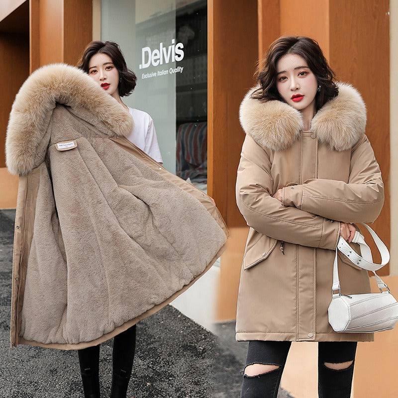 Pai overcomes the new mid to long style temperament of cotton jacket, small stature, winter plush and thick oversized cotton jacket for women