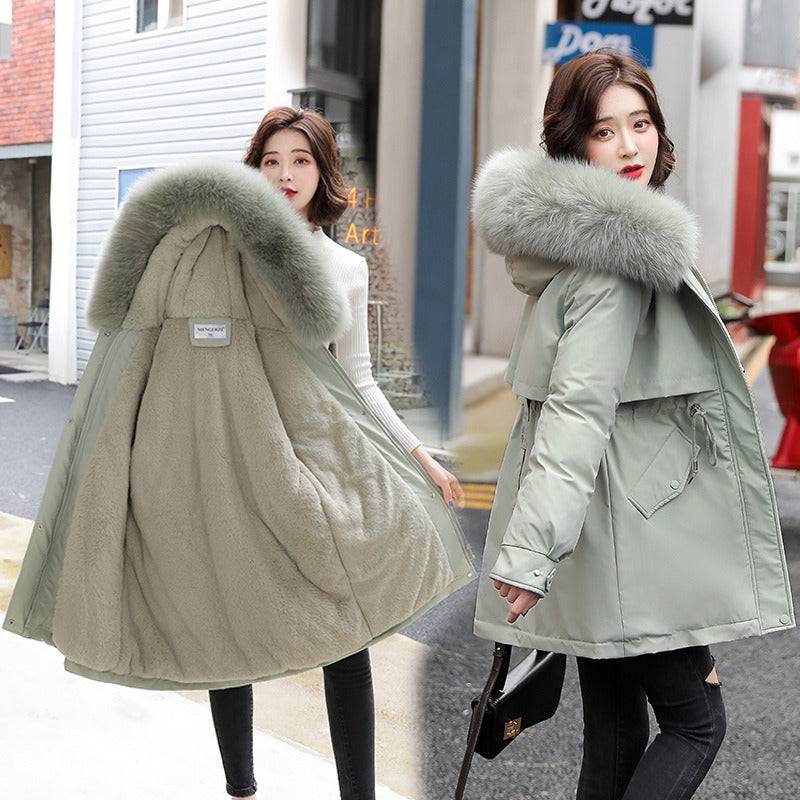 Pai overcomes the new mid to long style temperament of cotton jacket, small stature, winter plush and thick oversized cotton jacket for women