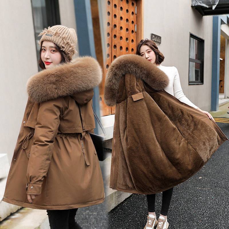 Pai overcomes the new mid to long style temperament of cotton jacket, small stature, winter plush and thick oversized cotton jacket for women