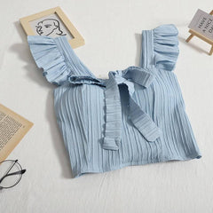 Summer New Sweet Design Sense Short Solid Bow Tank Top with Strap Short Ruffle Top Small Tank Top