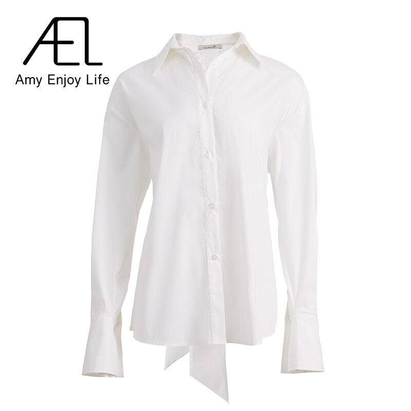 AEL Backless Shirt Woman Summer White Lace Up Bowknot Long Sleeve Causal Blouse Fashion Streetwear