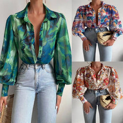 Long Sleeved Printed Shirt for Womens Spring Single Breasted Cardigan, European and American Fashion Temperament Casual Top
