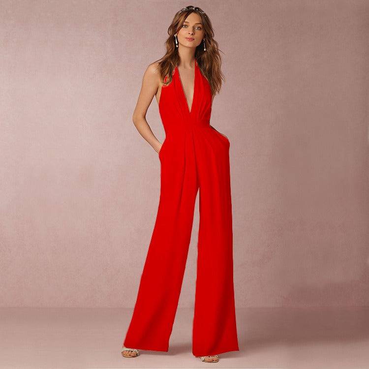 New European and American women's banquet dress jumpsuit, popular sexy hanging neck women's pants