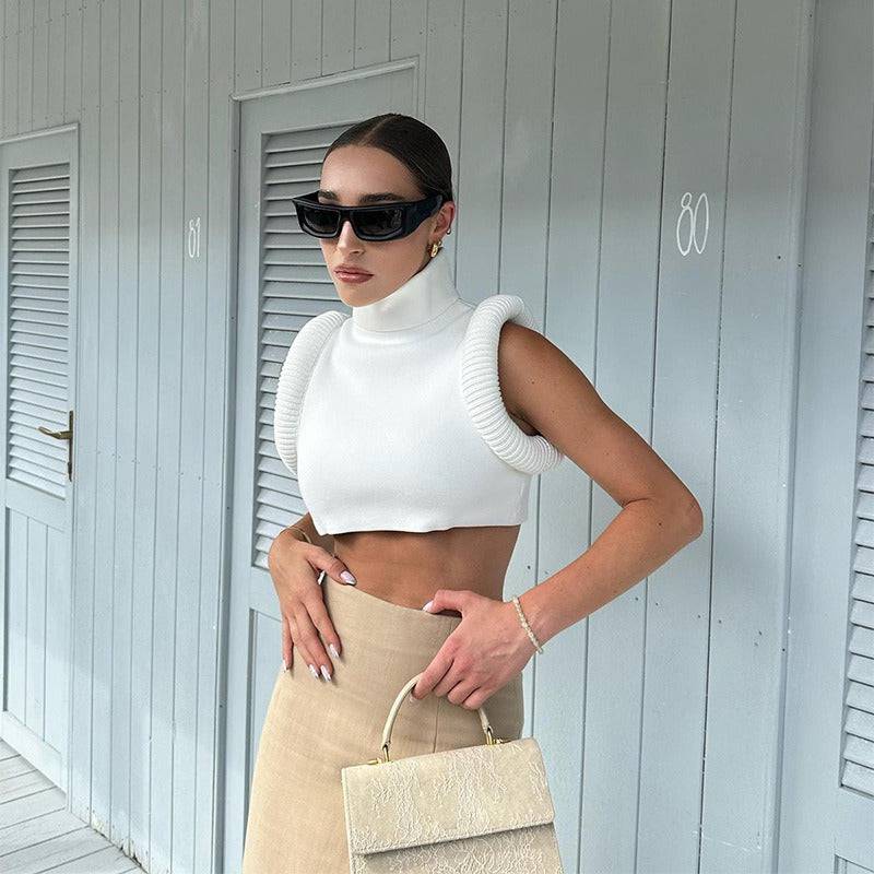 Patchwork Vests Women New Concise Stand Collar Bare Midriff Crop Tanks