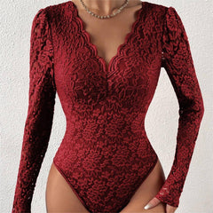 Hot selling sexy solid color lace long sleeved spicy girl perspective slim fit jumpsuit