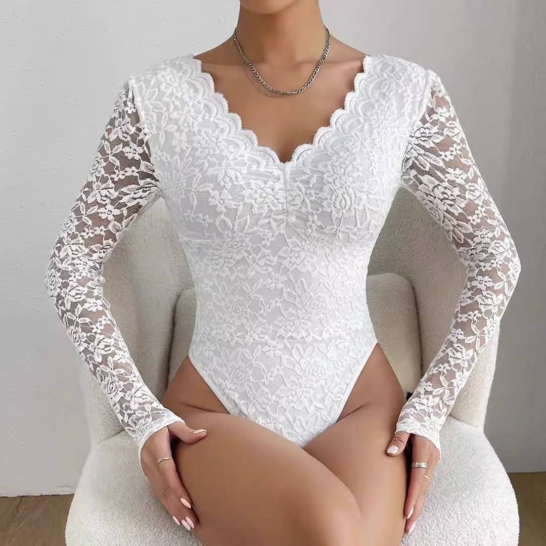 Hot selling sexy solid color lace long sleeved spicy girl perspective slim fit jumpsuit