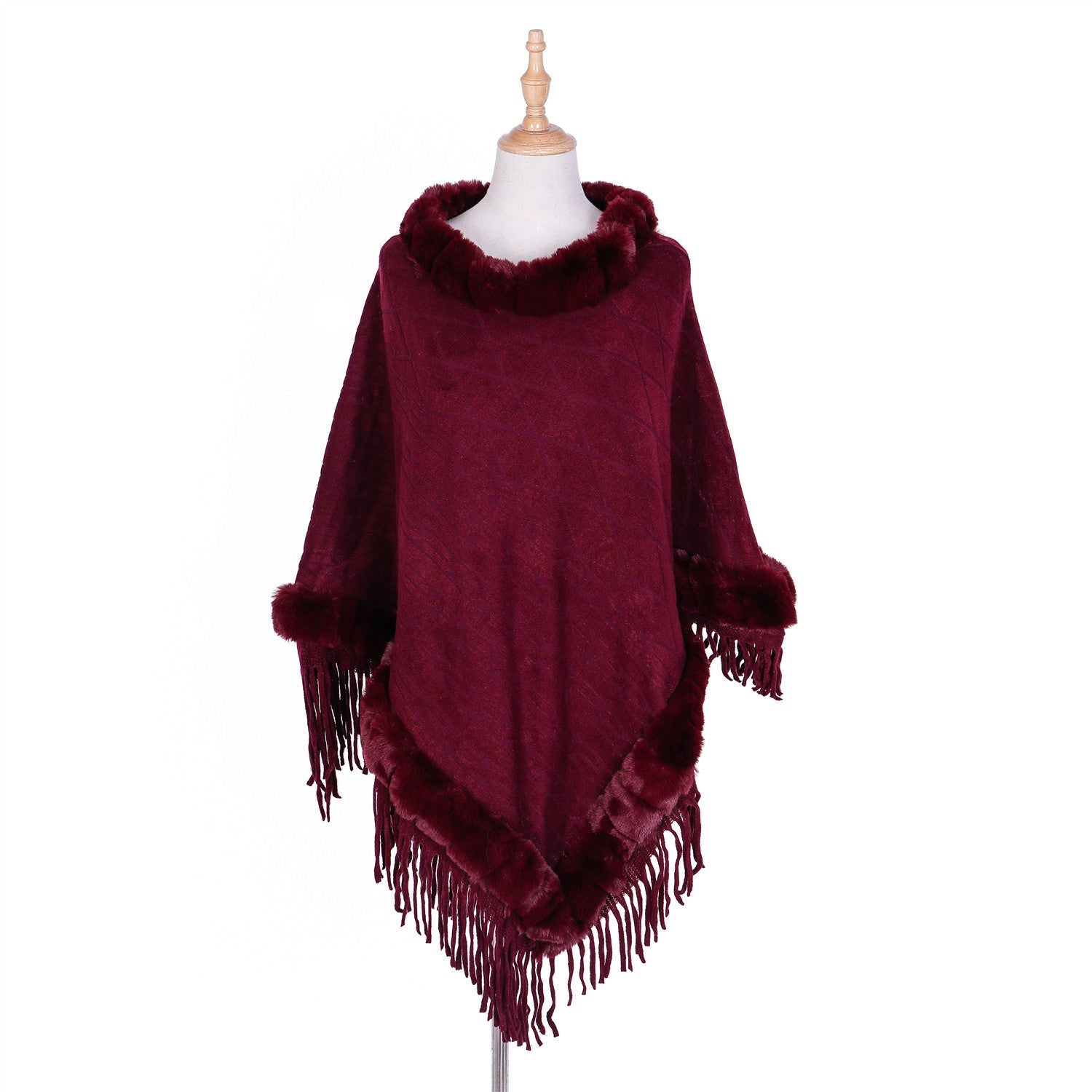 Tassel Hem Fur Collar Pullover Sweater Cloak Shawl Cape