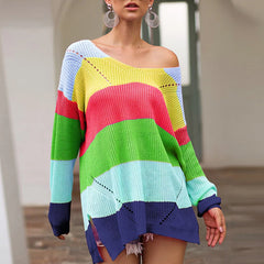 Women's Loose V-neck Rainbow Stripes Long Sweater