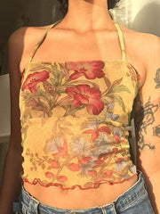 Floral Print Lettuce-Edge Crop Halter-Neck Top