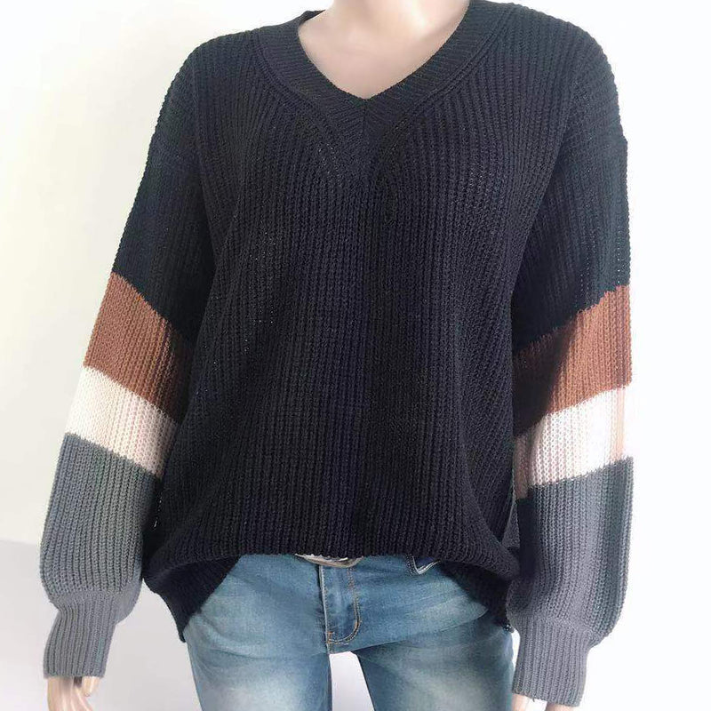 Women's V Neck Stripe Splicing Lantern Sleeve Sweater