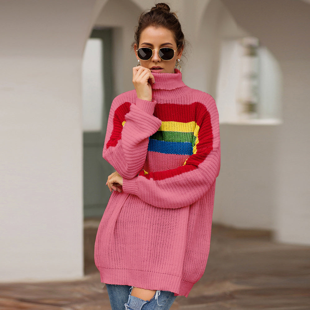 Women's High Collar Rainbow Stripes Knit Long Sweater