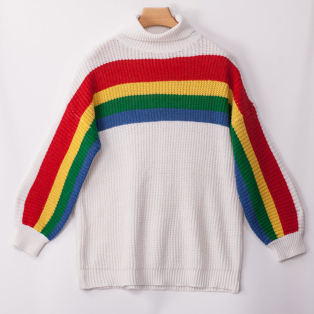 Women's High Collar Rainbow Stripes Knit Long Sweater