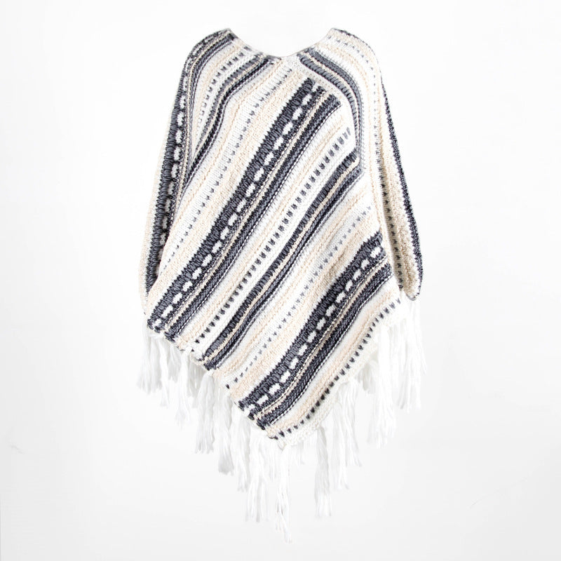 Tassel Fringed Pullover Diagonal Stripes Sweater Cloak Shawl Cape