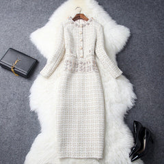 Vintage Long Sleeve Tweed Round Neck Diamond Slim Midi Bodycon Dresses