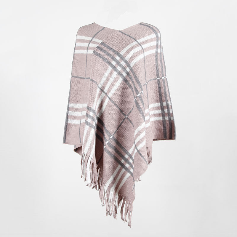 Tassel Fringed Pullover V-neck Diagonal Stripes Sweater Cloak Shawl Cape
