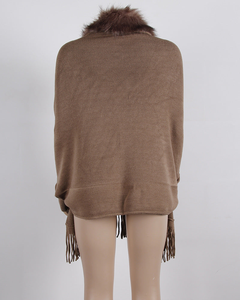 Tassel Fringed Cloak Shawl Fur Collar Sweater Cape Cardigans