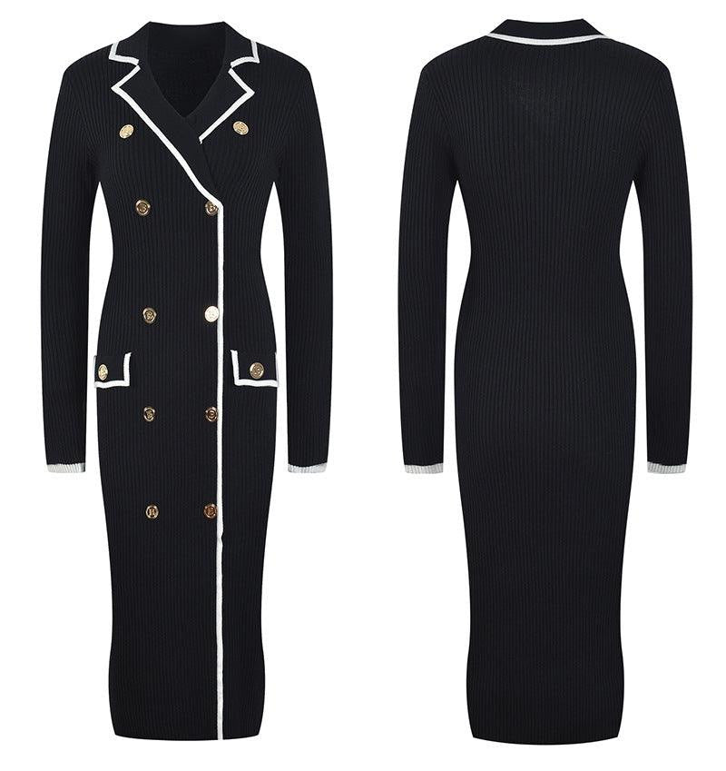 Faith Long Sleeve Collared Gold Button Embellished Knitted Midi Dress