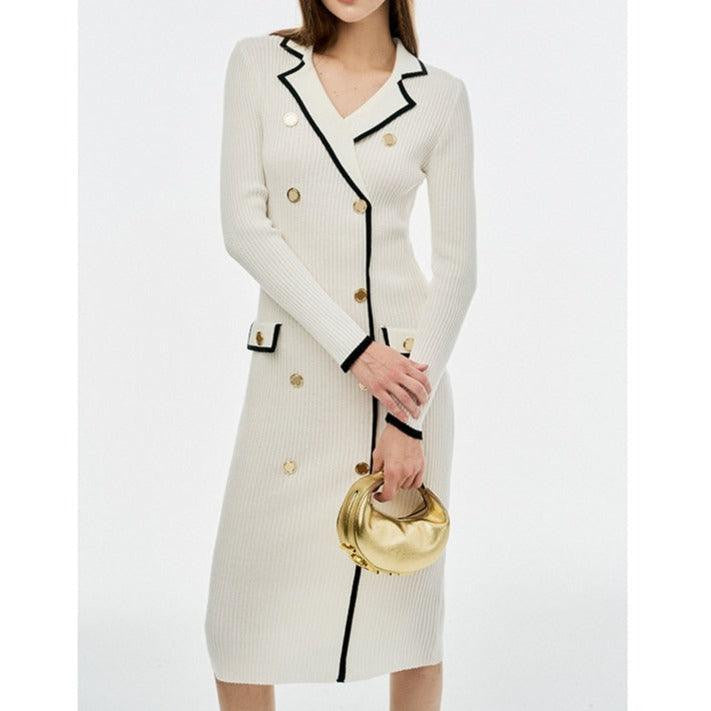 Faith Long Sleeve Collared Gold Button Embellished Knitted Midi Dress