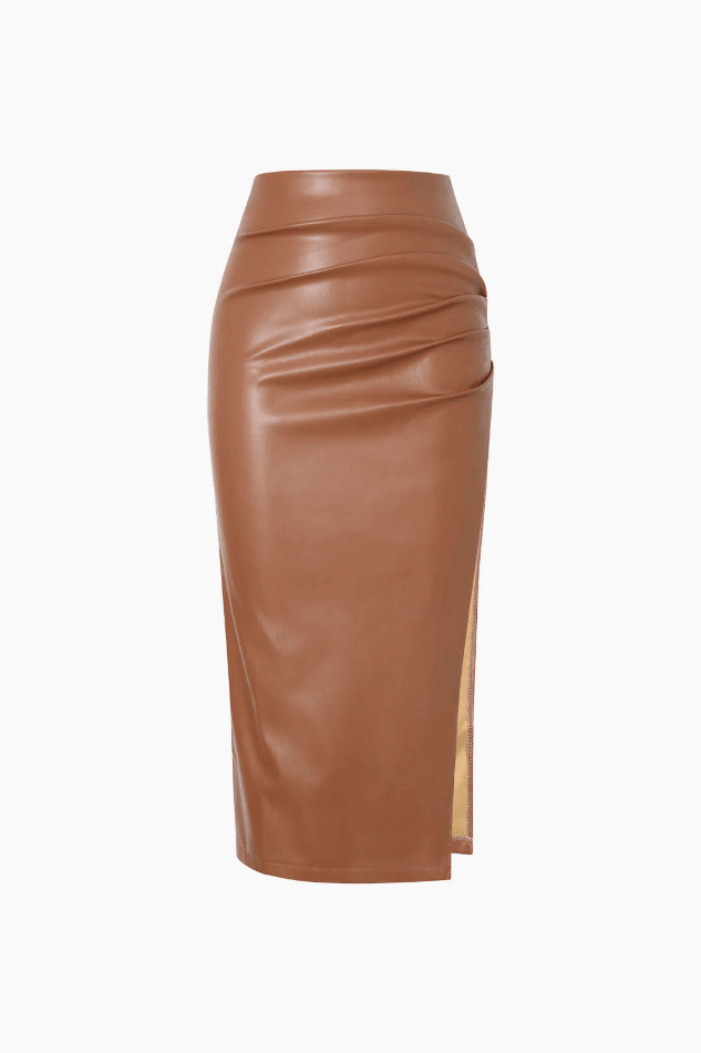 Faux Leather Ruched Slit Midi Skirt