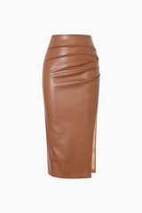 Faux Leather Ruched Slit Midi Skirt