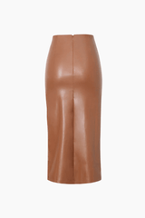 Faux Leather Ruched Slit Midi Skirt