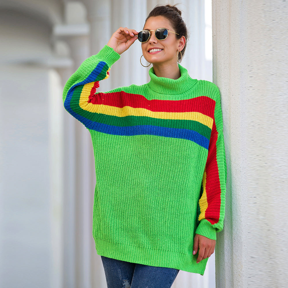 Women's High Collar Rainbow Stripes Knit Long Sweater