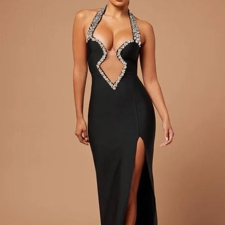 Abigail Open V Halter Crystal Detailed Dress