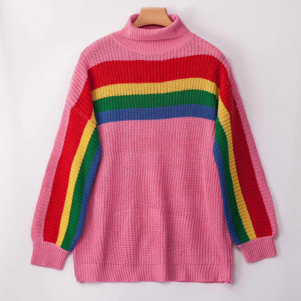 Women's High Collar Rainbow Stripes Knit Long Sweater