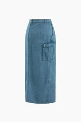 Flap Pocket Frayed Denim Slit Skirt