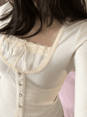 Fleece Bow-Neck Ribbed Lace Blouse