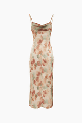 Floral Print Satin Wrap Slit Midi Dress