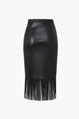 Fringe Hem Faux Leather Midi Skirt