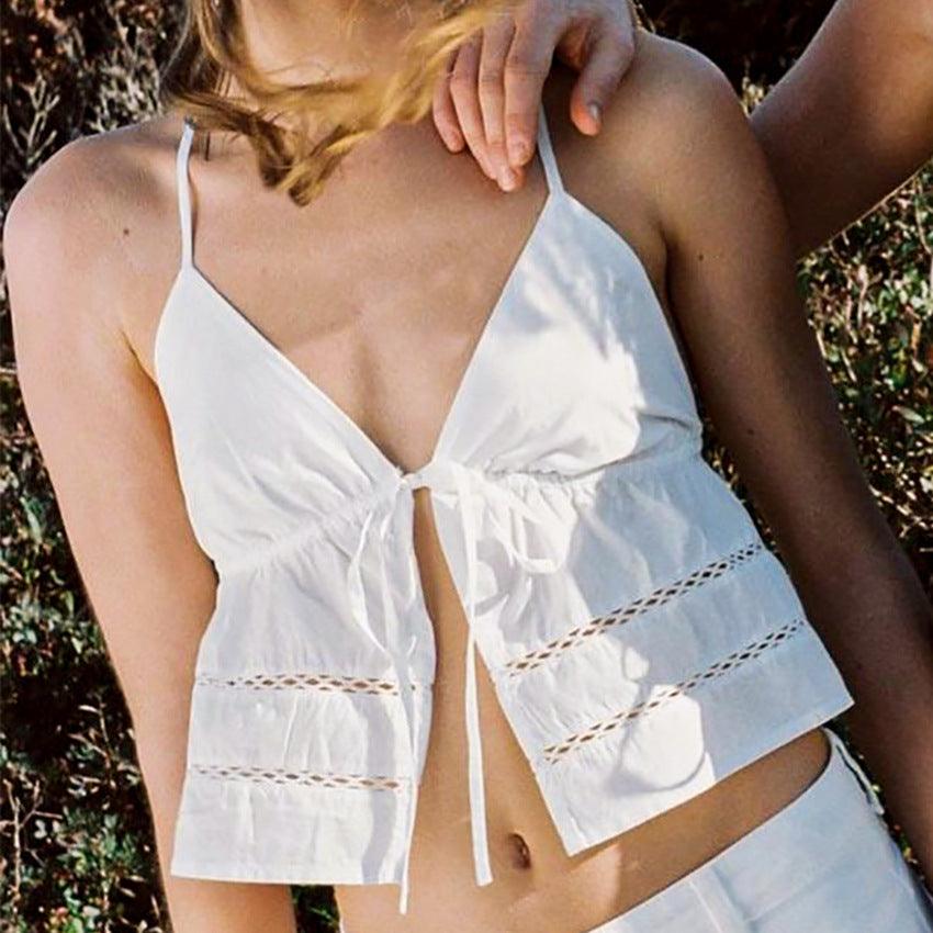 Gabriella Solid Spaghetti Strap Eyelet Tank Top