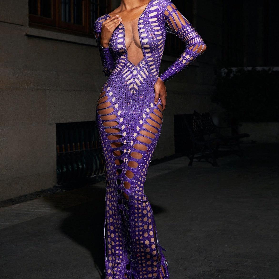 Gertie Purple Rhinestone Cutout Maxi Dress