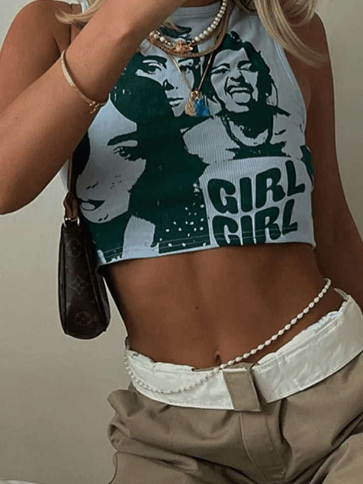 Girl Print Rib Cropped Tank Top