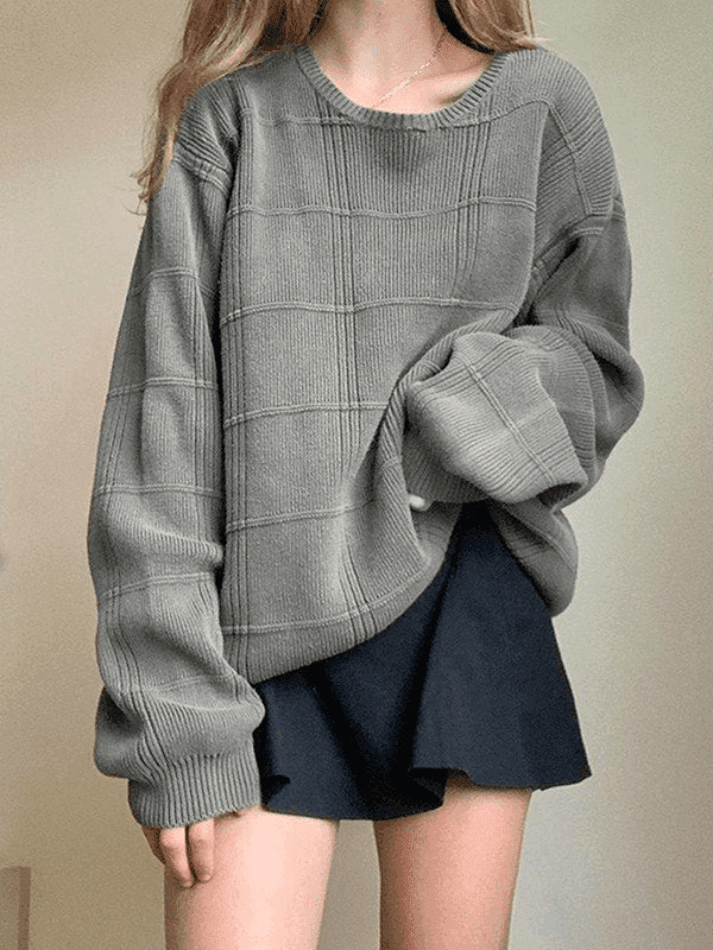 Gray Plaid Pullover Knit Sweater