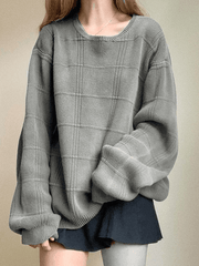 Gray Plaid Pullover Knit Sweater